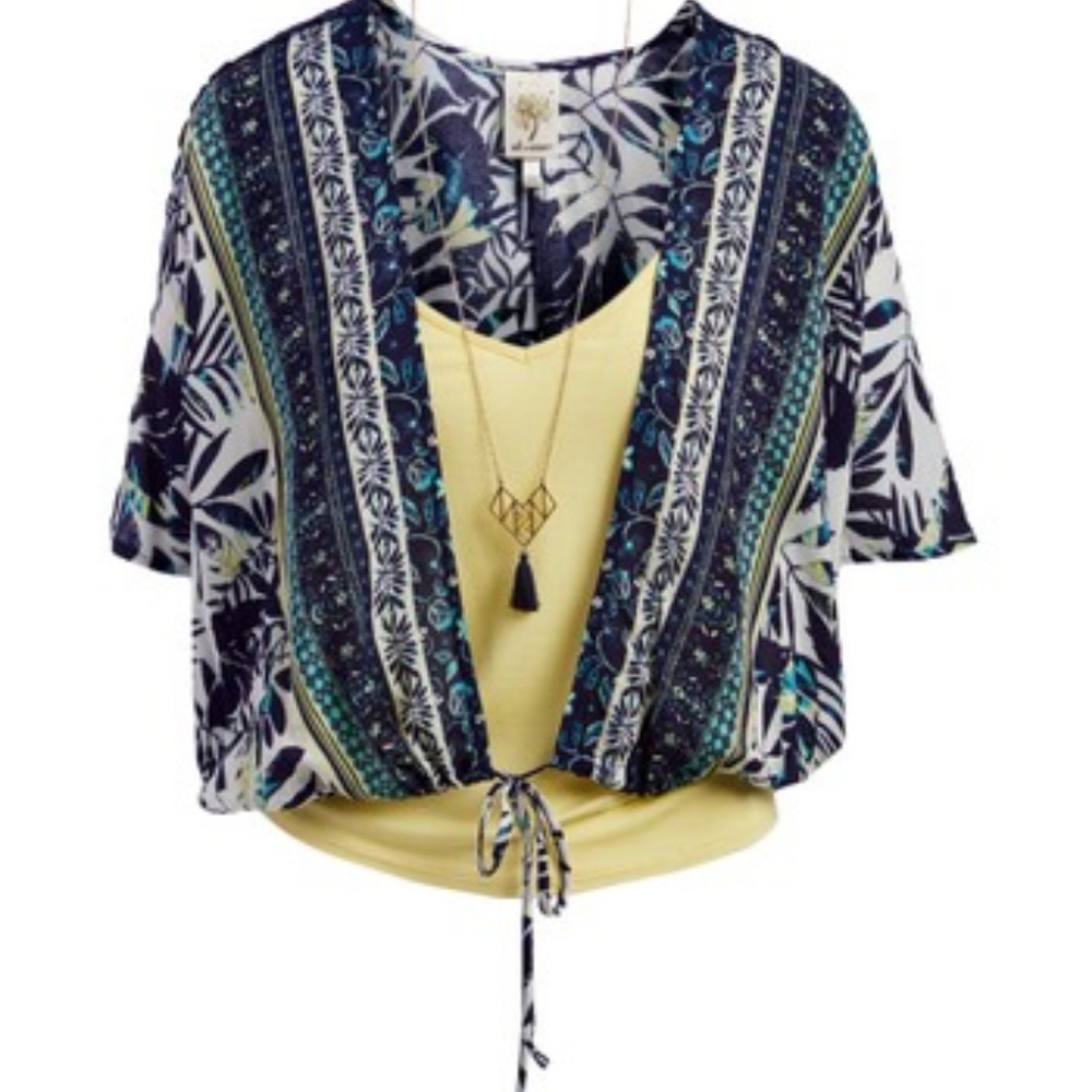 Self Esteem Layered Tie-Front Floral Print Top in Navy, Teal & Yellow
